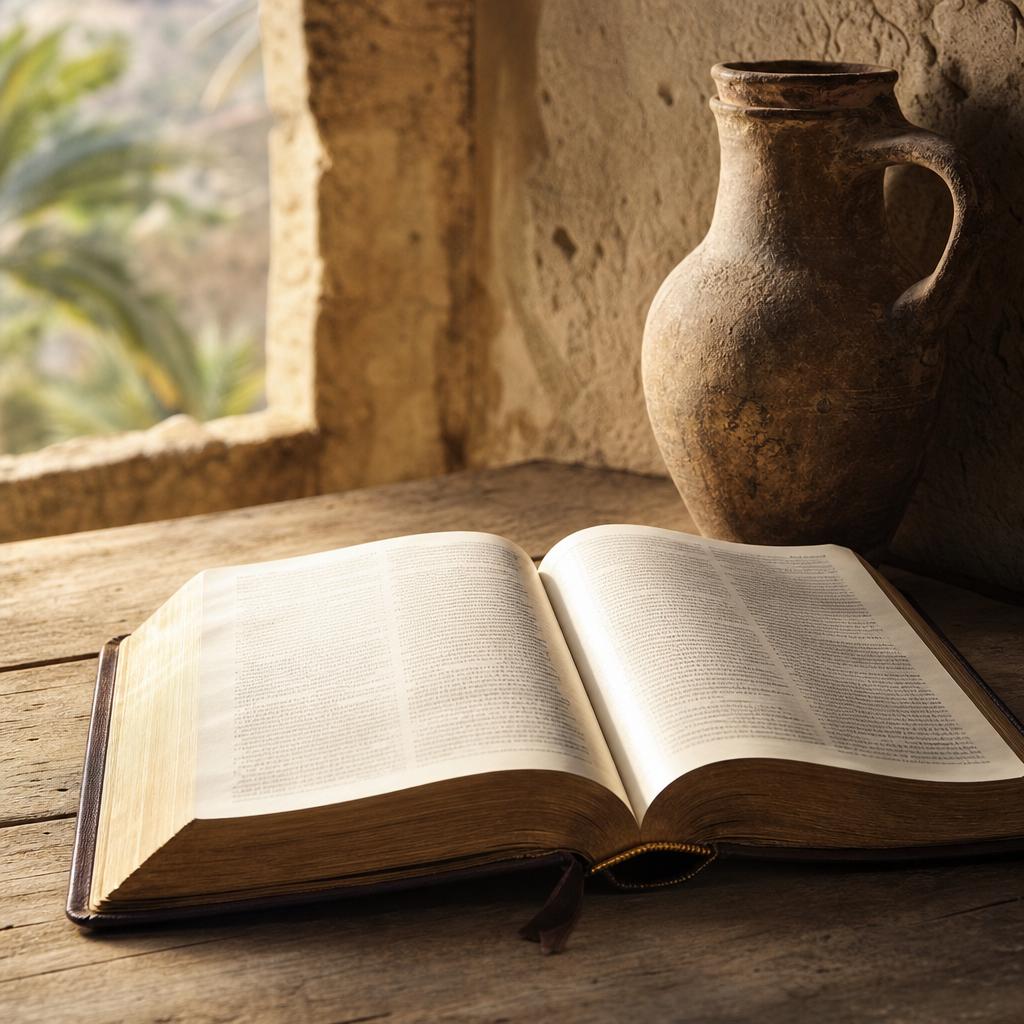 Otwarta Biblia leżąca na drewnianym stole symbolizująca słowo Boże i przebaczenie