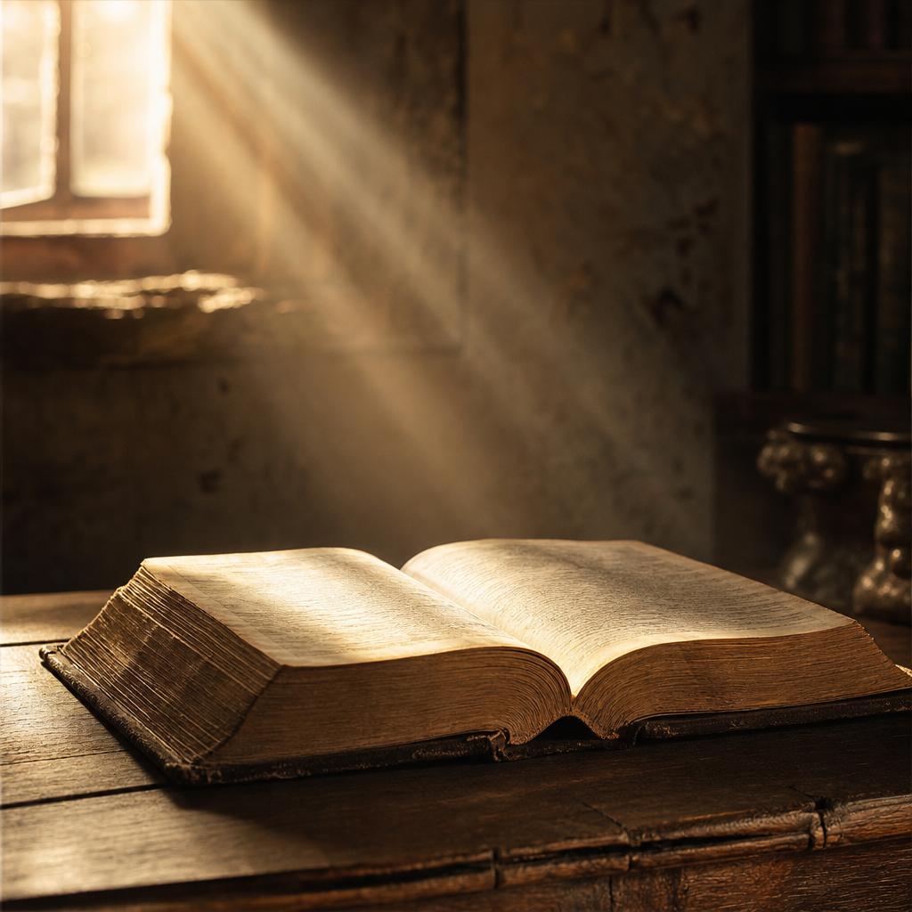 Otwarta Biblia na drewnianym stole w promieniach światła