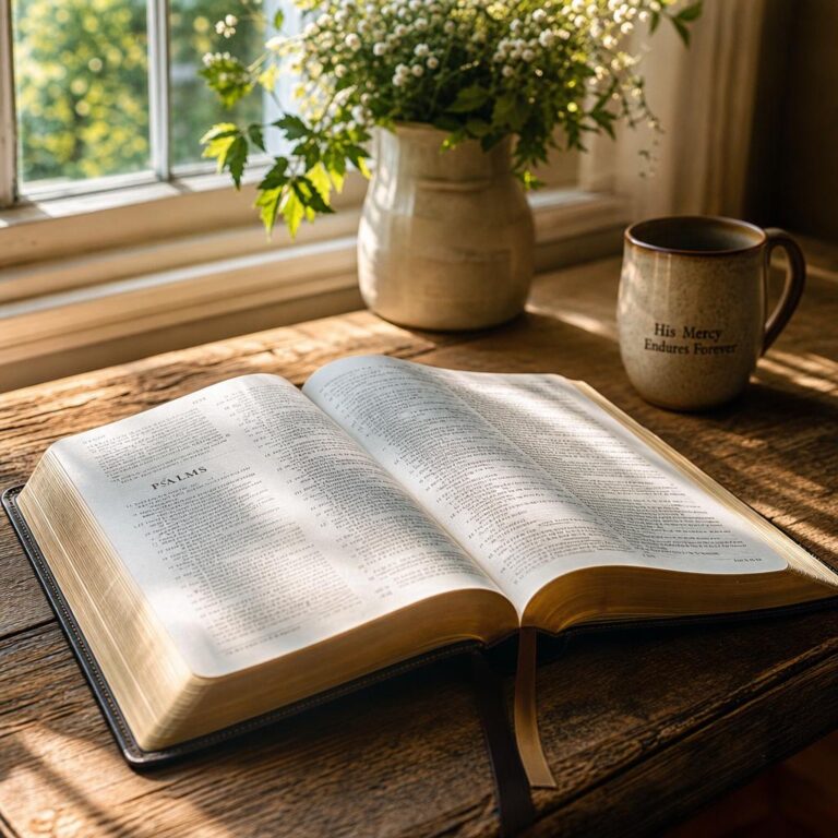 Otwarta Biblia na drewnianym stole w promieniach porannego słońca