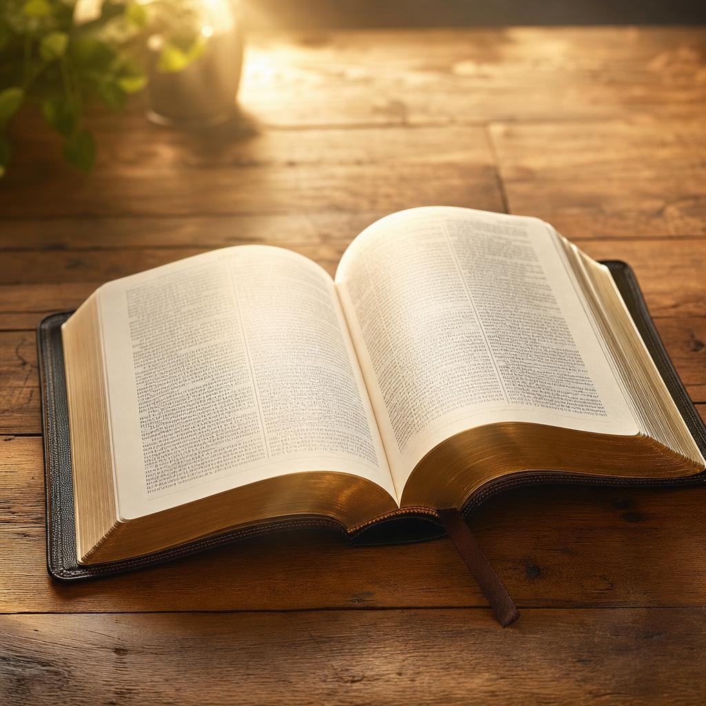 Otwarta Biblia na drewnianym stole w ciepłym świetle