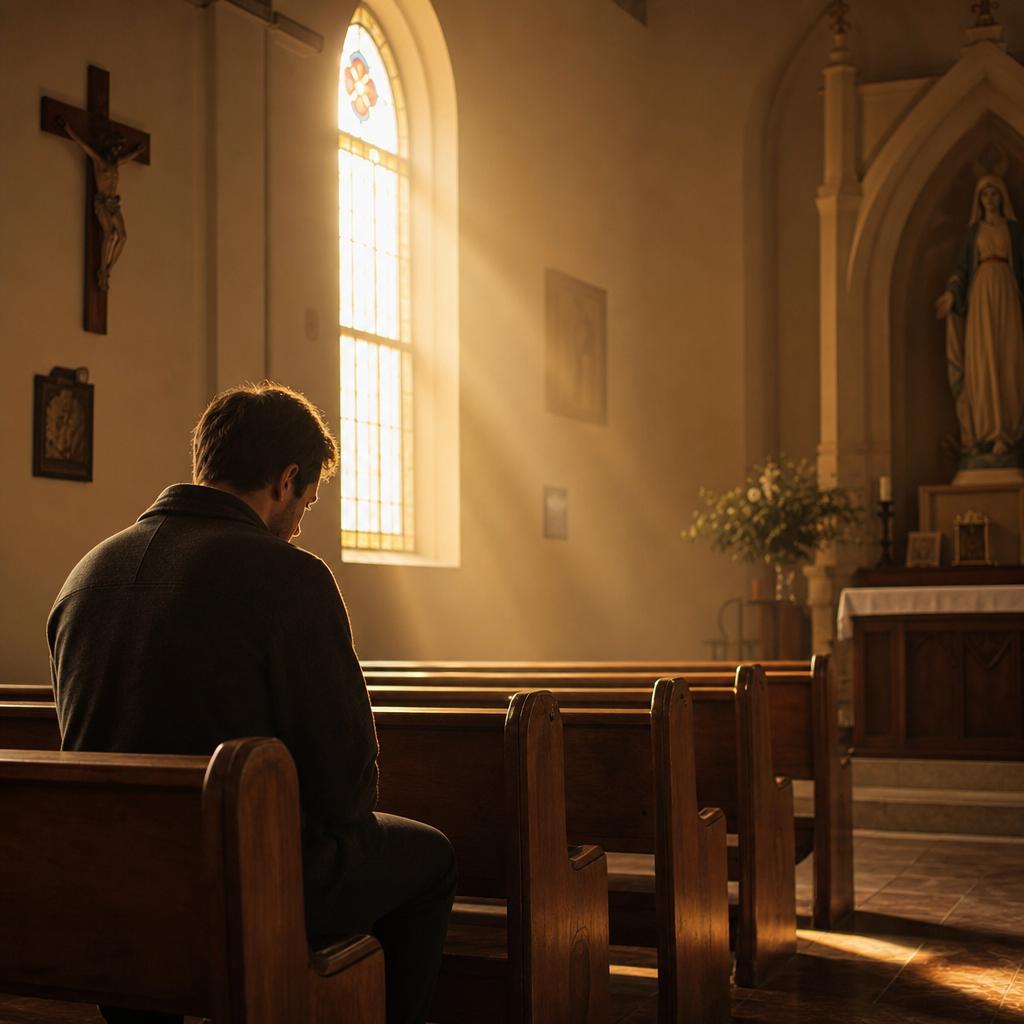 Osoba siedząca w cichej kaplicy oświetlonej ciepłymi promieniami słońca