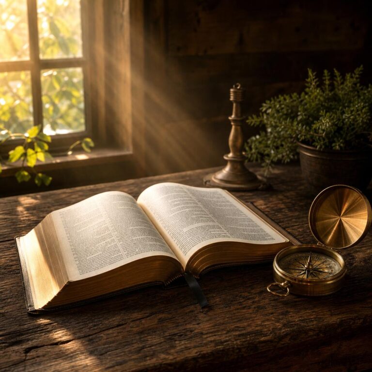 Otwarta Biblia i mosiężny kompas na drewnianym stole oświetlone ciepłym światłem słonecznym.