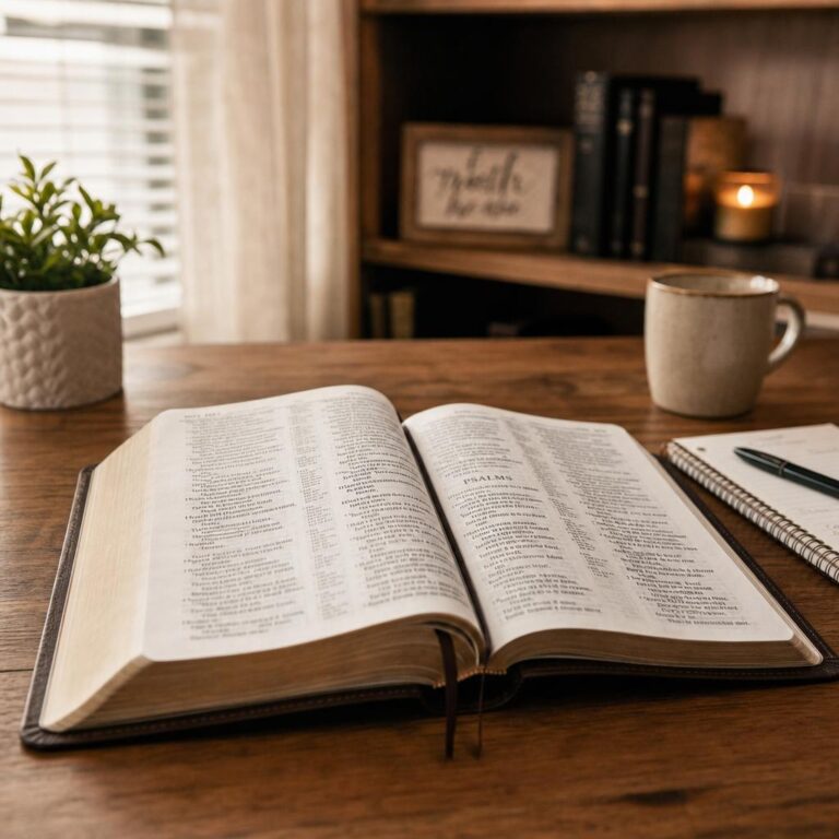 Otwarta Biblia leżąca na drewnianym stole w ciepłym świetle