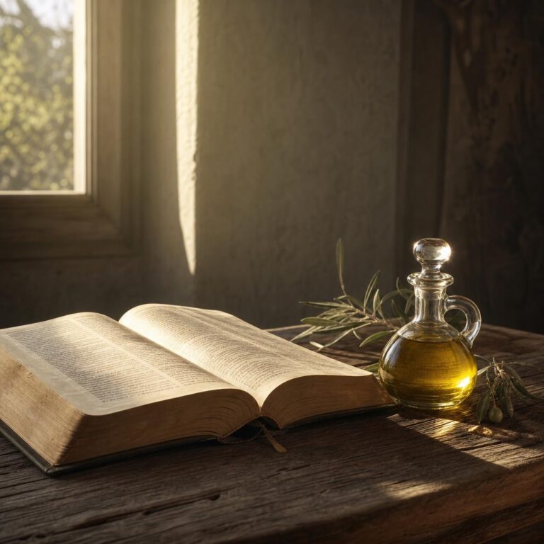 Otwarta Biblia i flakonik z oliwą na drewnianym stole w cichym promieniu słońca