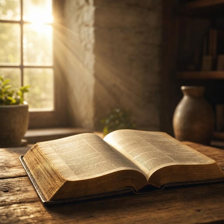 Otwarta Biblia leżąca na drewnianym stole w ciepłym świetle poranka