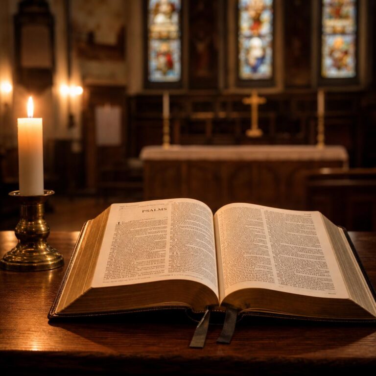 Otwarta Biblia i zapalona świeca na drewnianym stole w cichym wnętrzu