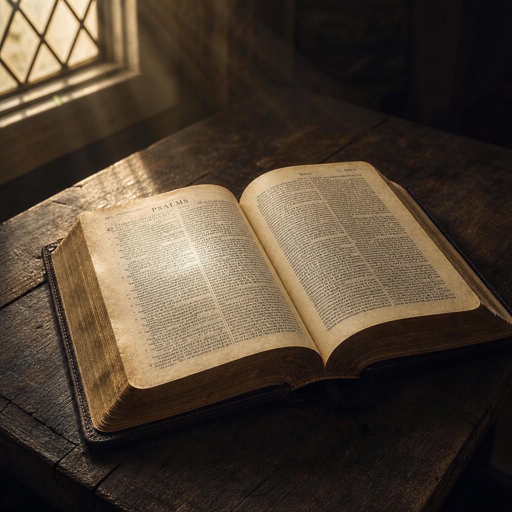 Otwarta Biblia na drewnianym stole oświetlona promieniem światła