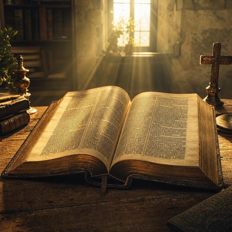 Otwarta Biblia oświetlona ciepłym promieniem światła słonecznego na drewnianym stole.