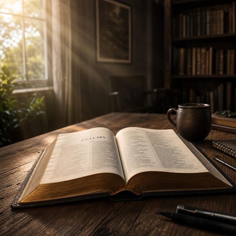 Otwarta Biblia na drewnianym stole rozświetlona delikatnym promieniem słońca