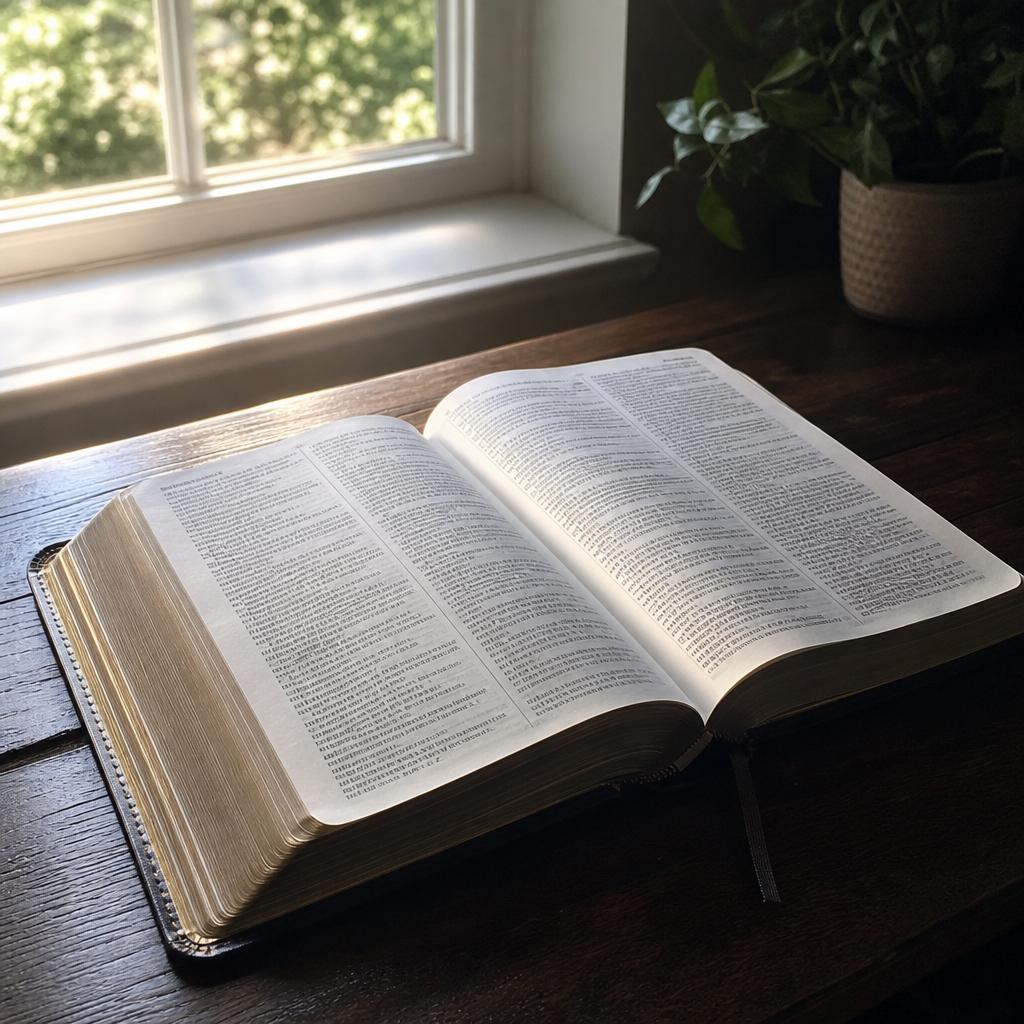 Otwarta Biblia rozświetlona naturalnym światłem na drewnianym stole