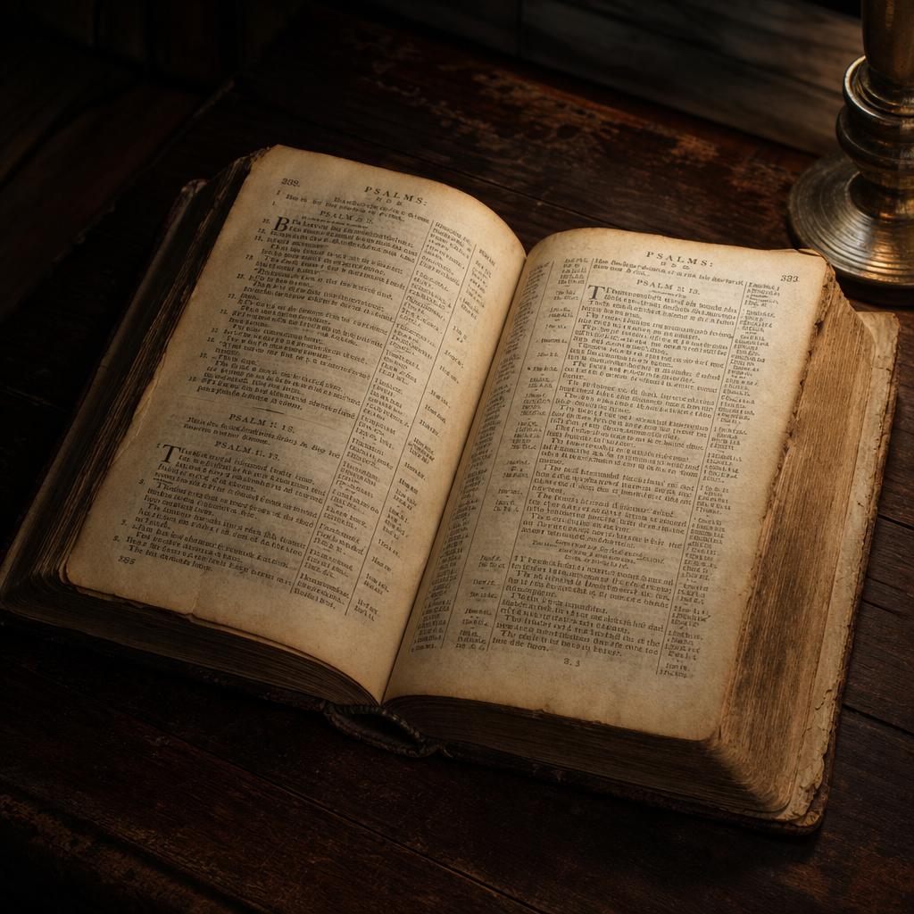 Otwarta Biblia na drewnianym stole w ciepłym światłocieniu