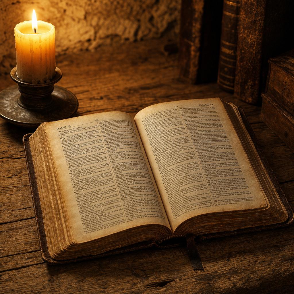 Otwarta Biblia i zapalona świeca na drewnianym stole, symbolizujące refleksję nad Pismem Świętym.