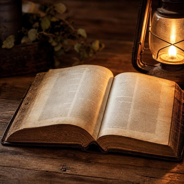 Otwarta Biblia na drewnianym stole w ciepłym świetle lampy