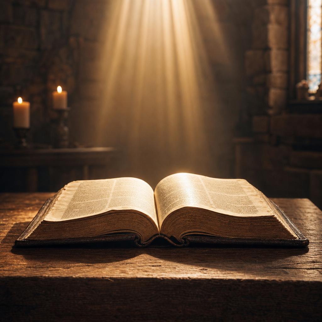 Otwarta Biblia oświetlona promieniem ciepłego światła na drewnianym stole