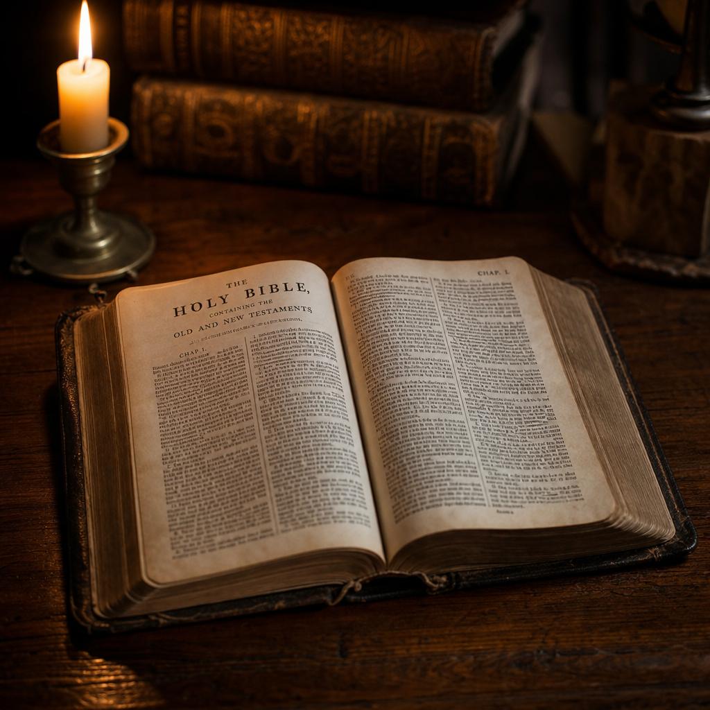 Otwarta Biblia na drewnianym stole w świetle świecy nawiązująca do studiowania Pisma