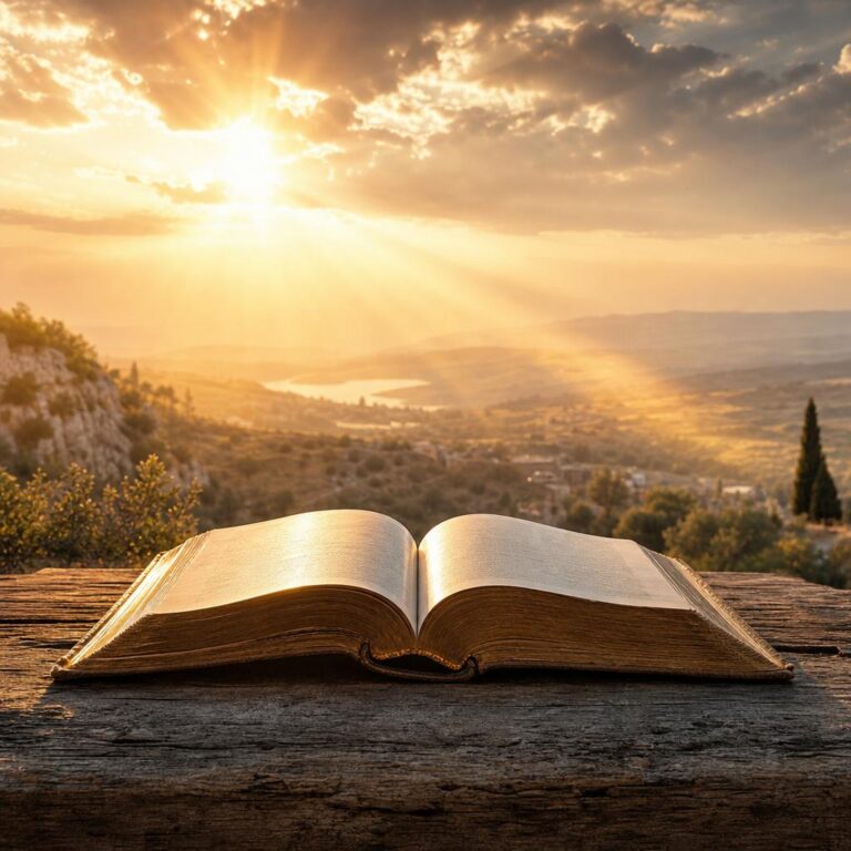 Otwarta Biblia na drewnianym stole oświetlona ciepłym światłem słonecznym symbolizująca pewność zbawienia