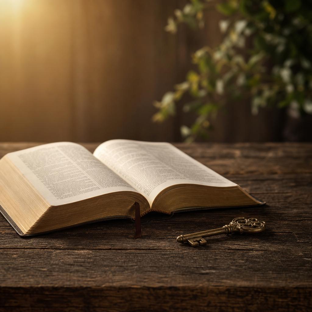 Otwarta Biblia i mosiężny klucz na drewnianym stole jako symbol odpuszczenia długu