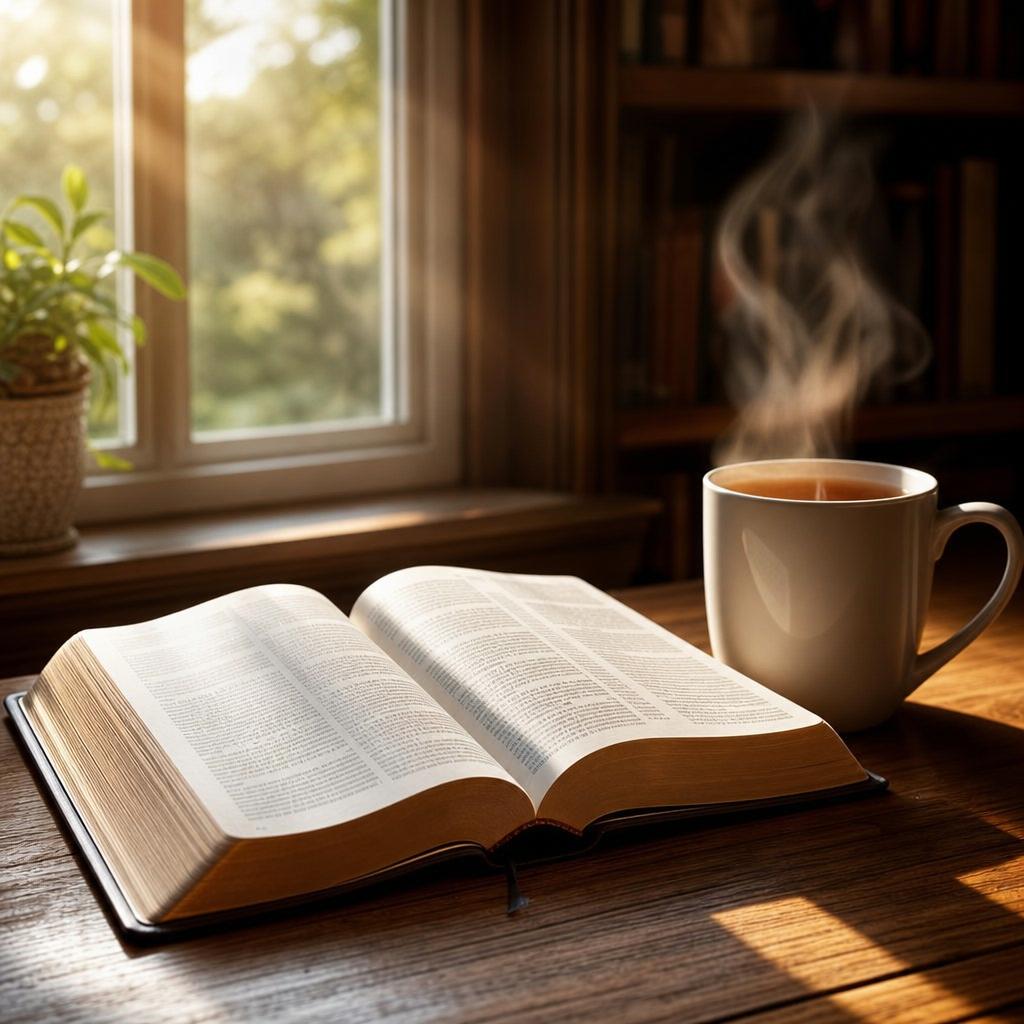 Otwarta Biblia leżąca na drewnianym stole w cichym, doświetlonym słońcem pomieszczeniu
