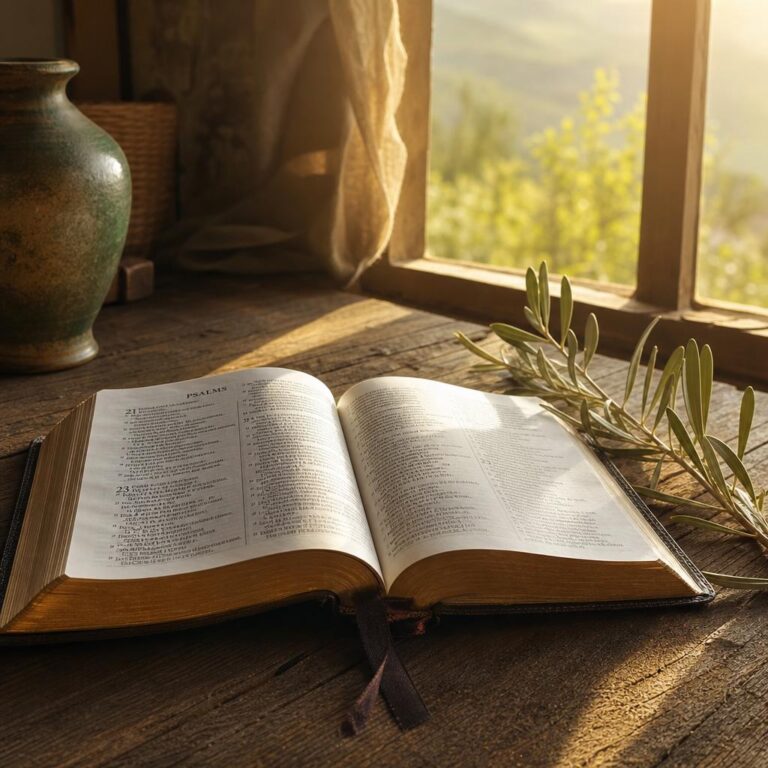 Otwarta Biblia leżąca na drewnianym stole w delikatnym świetle poranka